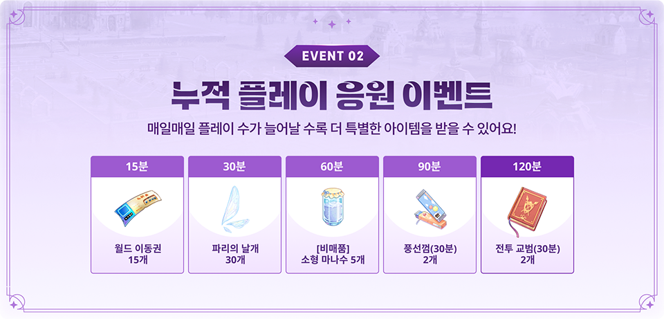 매일매일 플레이를 하면 할수록 다양한 누적 접속 보상을 받을 수 있어요!