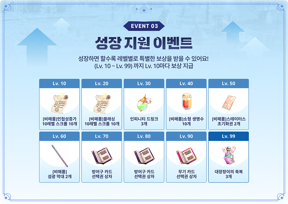 성장하면 할수록 레벨 구간별로 단계별 보상을 받을 수 있어요! (Lv. 10 ~ Lv. 120)까지 Lv. 10마다 보상 지급!
