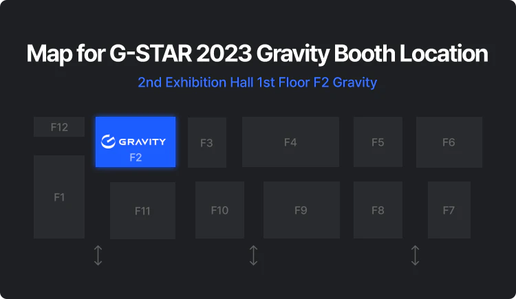 G-STAR 2023 Gravity Booth Location. Exhibition Hall 2, 1st Floor F2 Gravity. GRAVITY F2